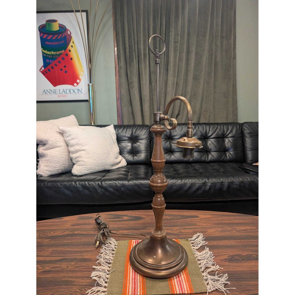 Vintage Bridge Arm Table Lamp Turned Wood Aged Brass Gooseneck Task Light